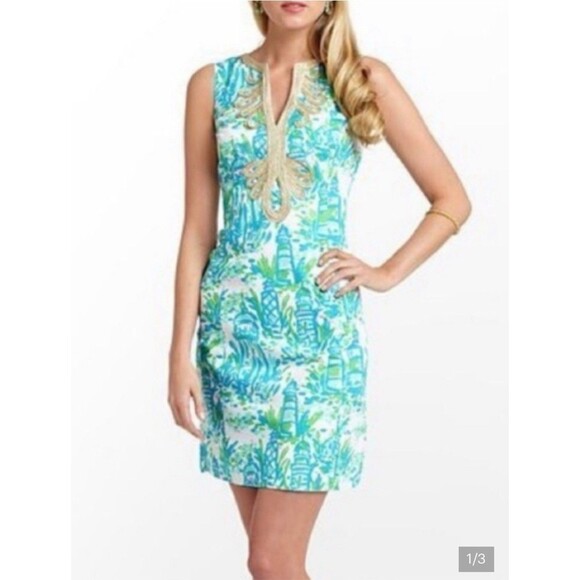 Lilly Pulitzer Dresses & Skirts - Lilly Pulitzer Janice Shift Dress Womens 2 Blue Lighthouse Gold Trim Sleeveless